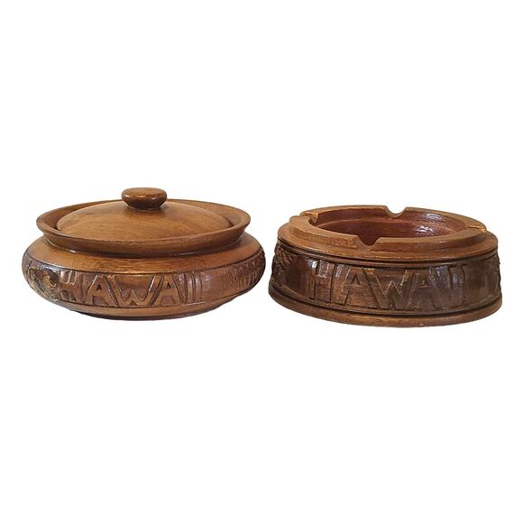 Hilo Hattie's VTG Hawaiian Wooden Bowl Lid Carved "Hawaii" Wooden Ash Tray - Picture 1 of 8